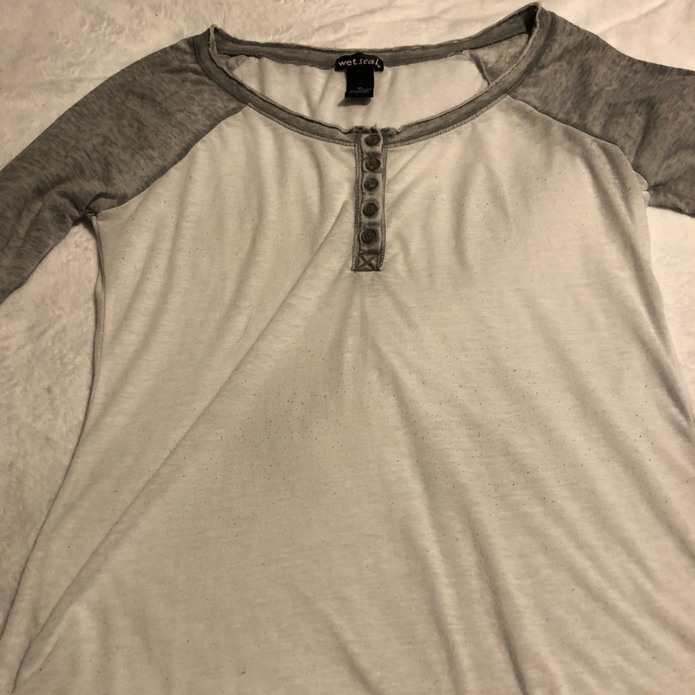 Gray and white sheer top